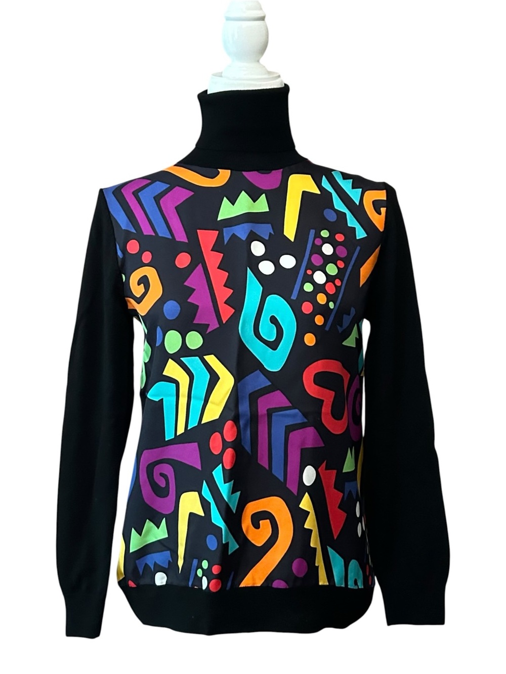 Boutique Moschino 90s Geometric Print Mixed Media Turtleneck Sweater SZ US 6
